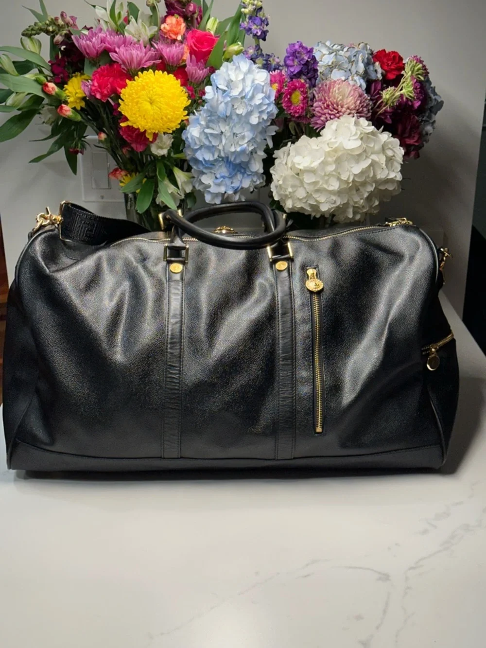 Versace Unisex Black Leather Duffel with Gold Medallion